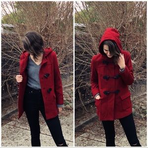 🌶Red Hooded Toggle Button Down Wool Peacoat🌶